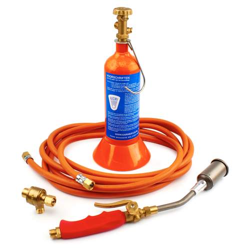 Hoofdafbeelding van de Hasmi propaan karweifles 1L met slang van 5m, reduceer en titanium brander Ø40mm – complete set voor gaswerkzaamheden.