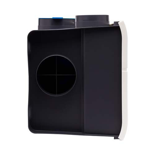 Zijaanzicht van de Orcon MVS-15RHB woonhuisventilator met compact design.